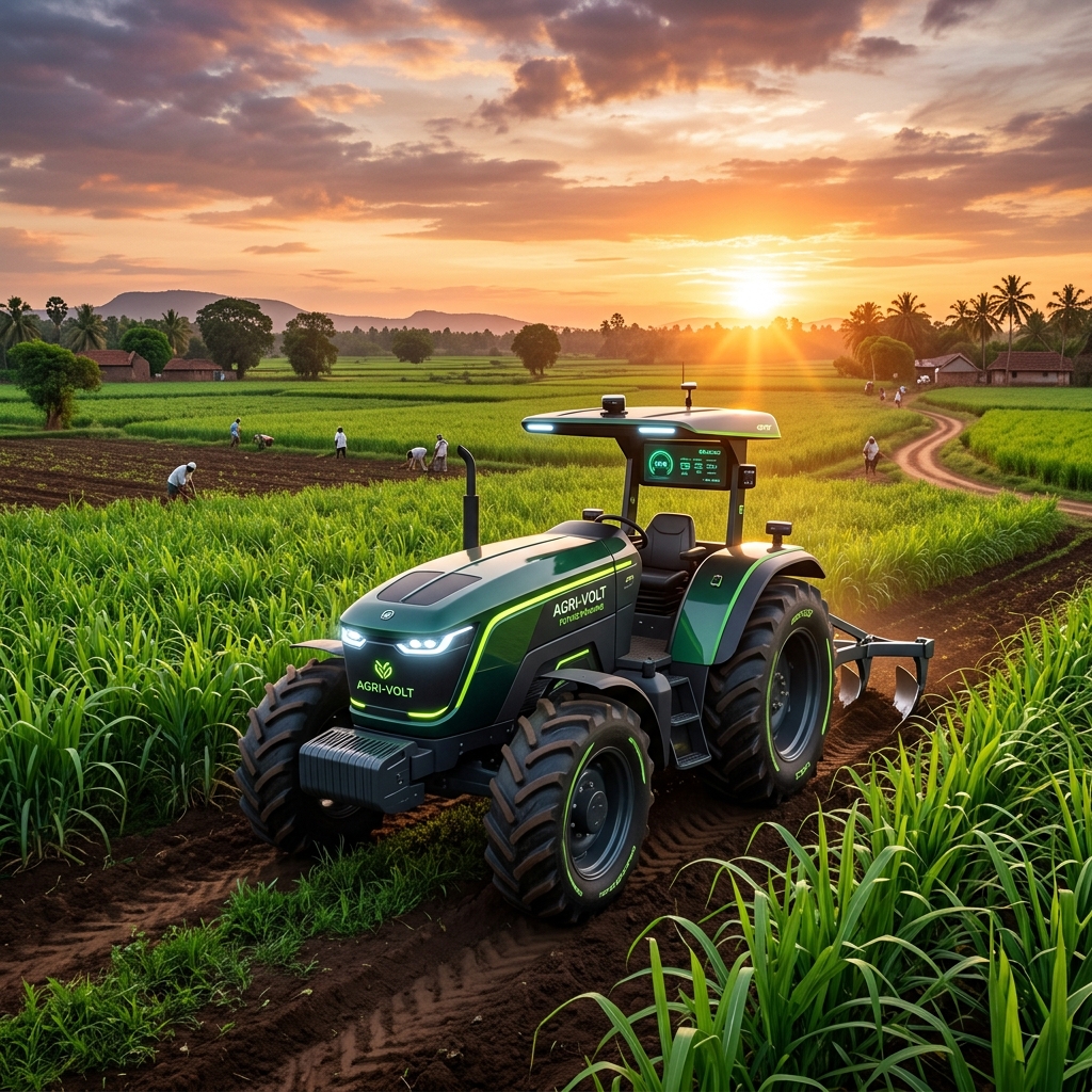 Futuristic electric tractor in Indian fields at sunset